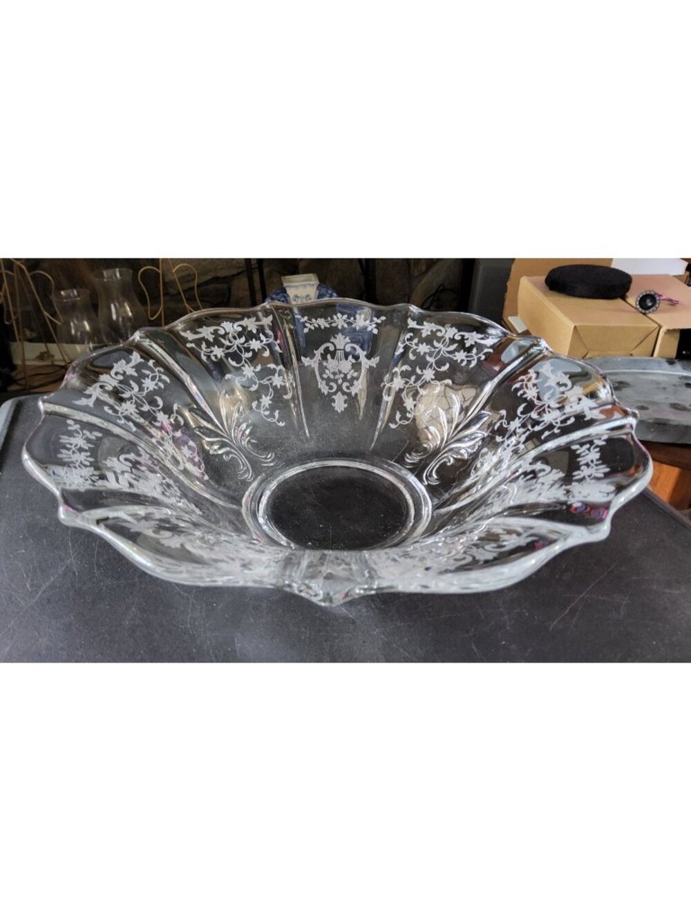 Vintage Fostoria Chintz Etched Glass Flared Scalloped Edge Floral Pattern bowl.